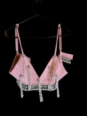 PatBO Pink Embellished Fringe Crop Top
